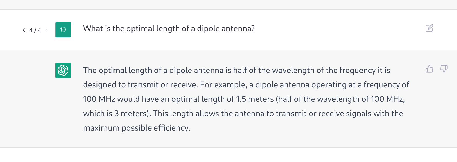 ChatGPT’s response the “what is the optimum length of a dipole antenna?”