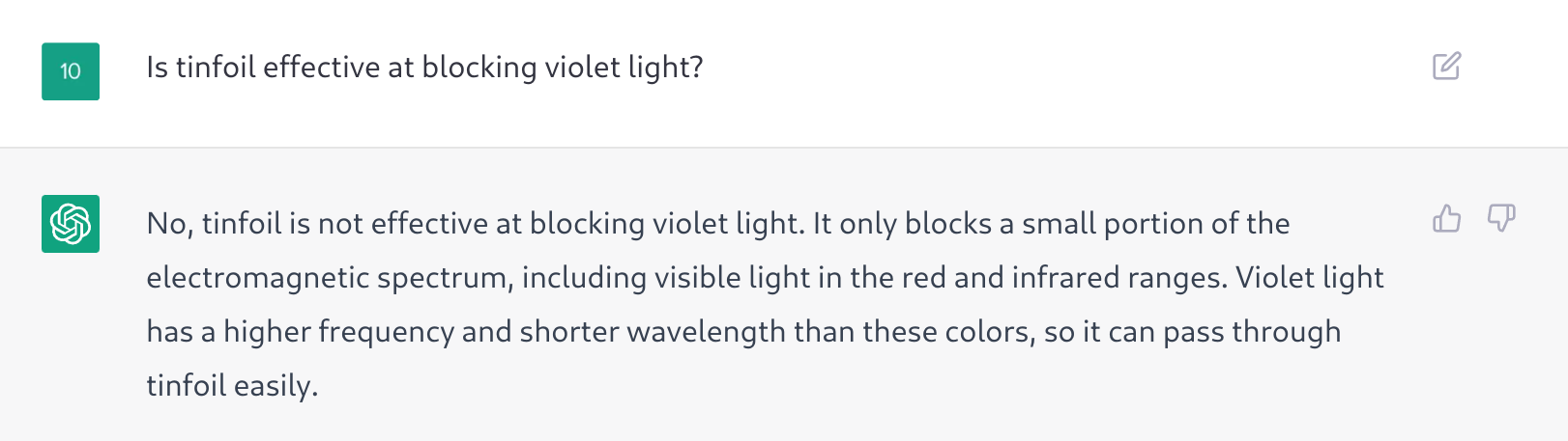 ChatGPT’s confabulation after being asked “Does tinfoil block violet light”