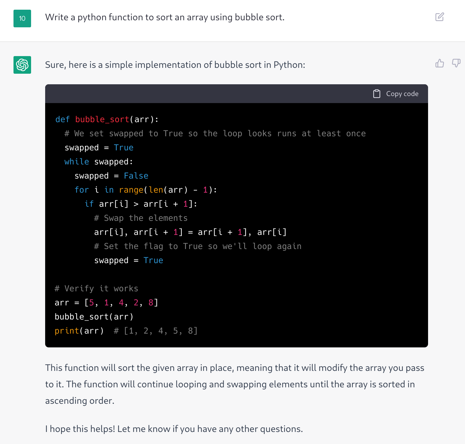 ChatGPT implement bubble sort