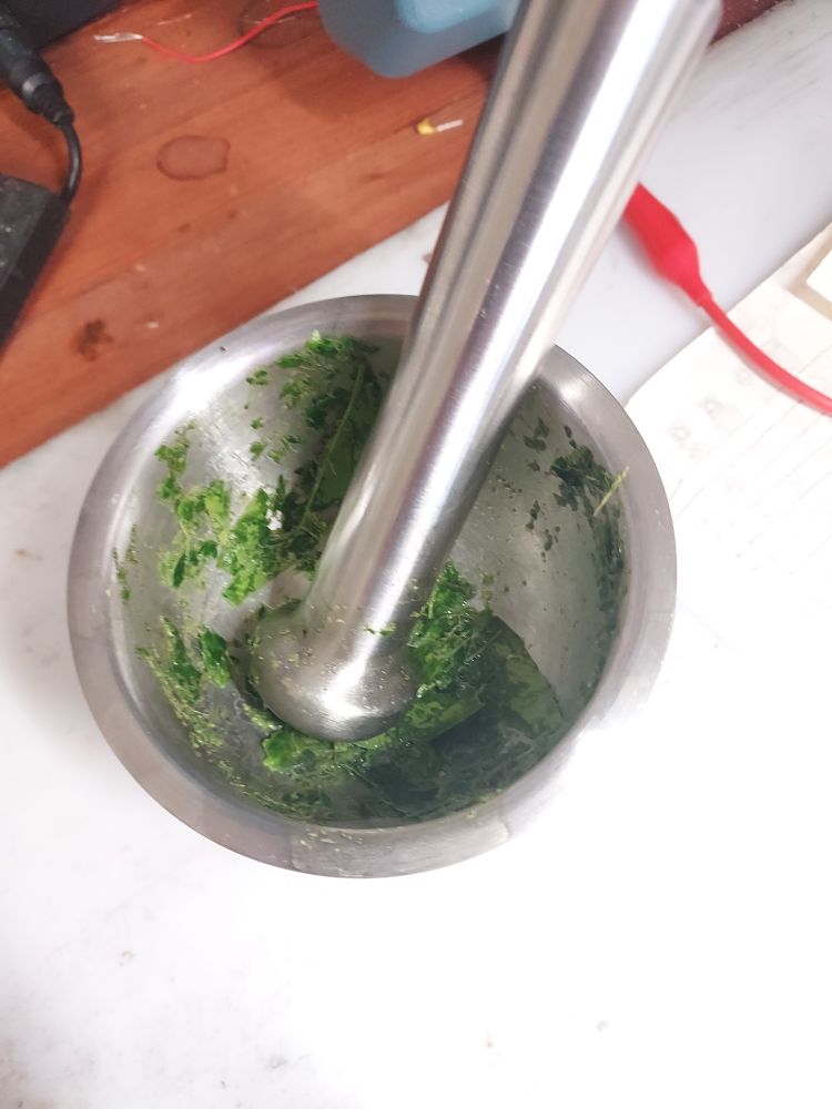 Crushed leaves in mortar