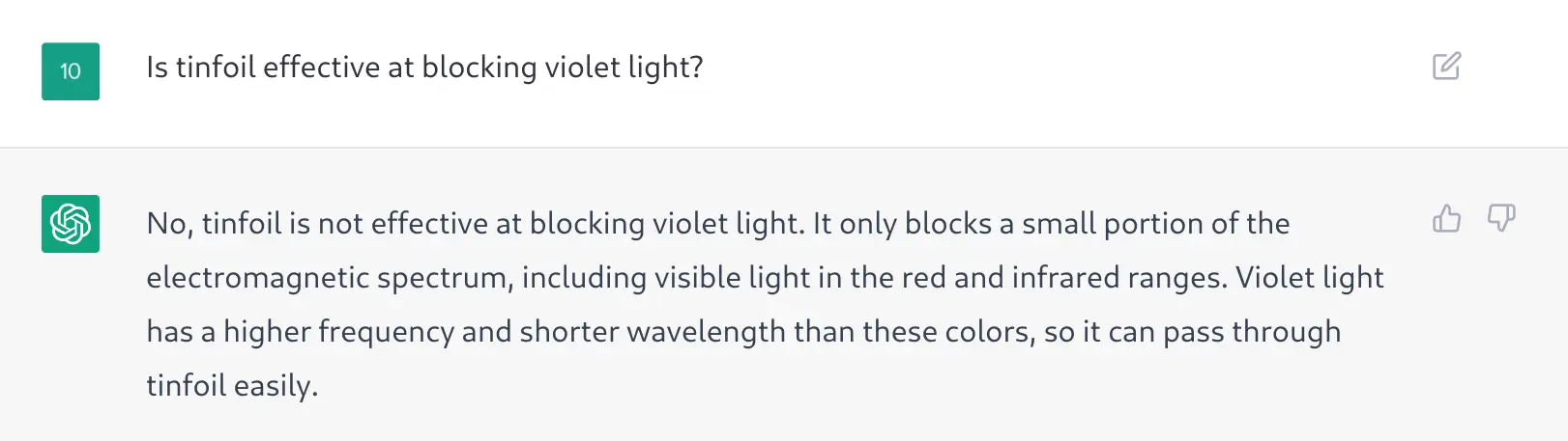 Chat GPT confidently asserting that aluminum foil is transparent.