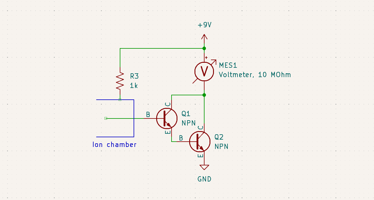 Schematic diagram showing a Darlington pair amplifying the signal from an ion chamber
