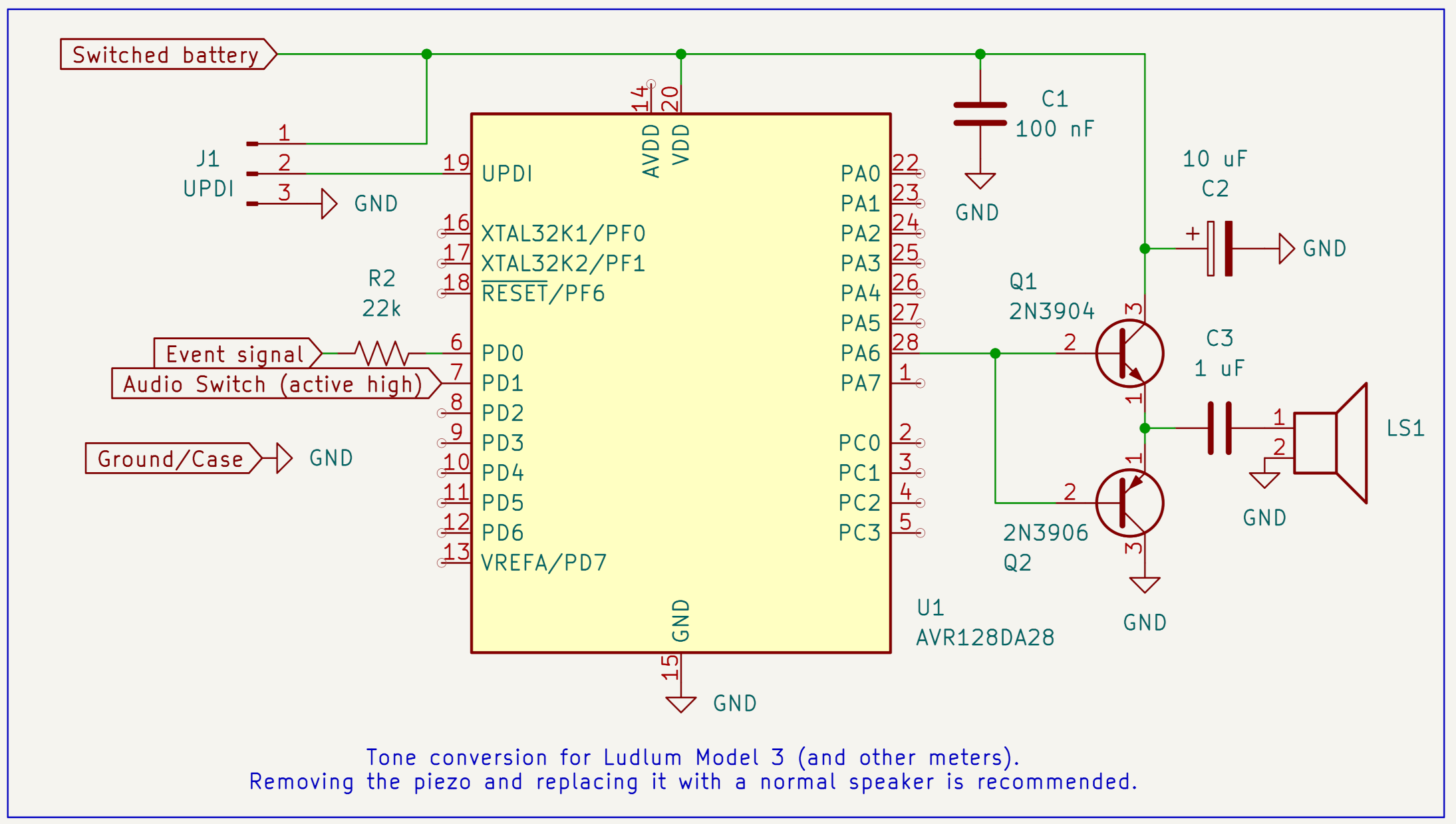 Schematic diagram showing how to connect a microcontroller to replace the audio section of a Ludlum meter.