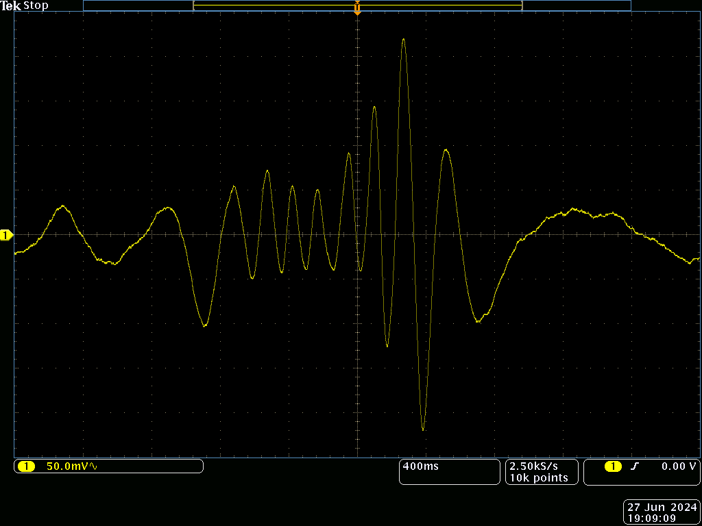 The IF signal, on pin 16 of the BISS0001 chip, showing a strong oscillation in the middle