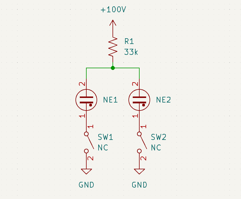 A single resistor limiting current to two neons