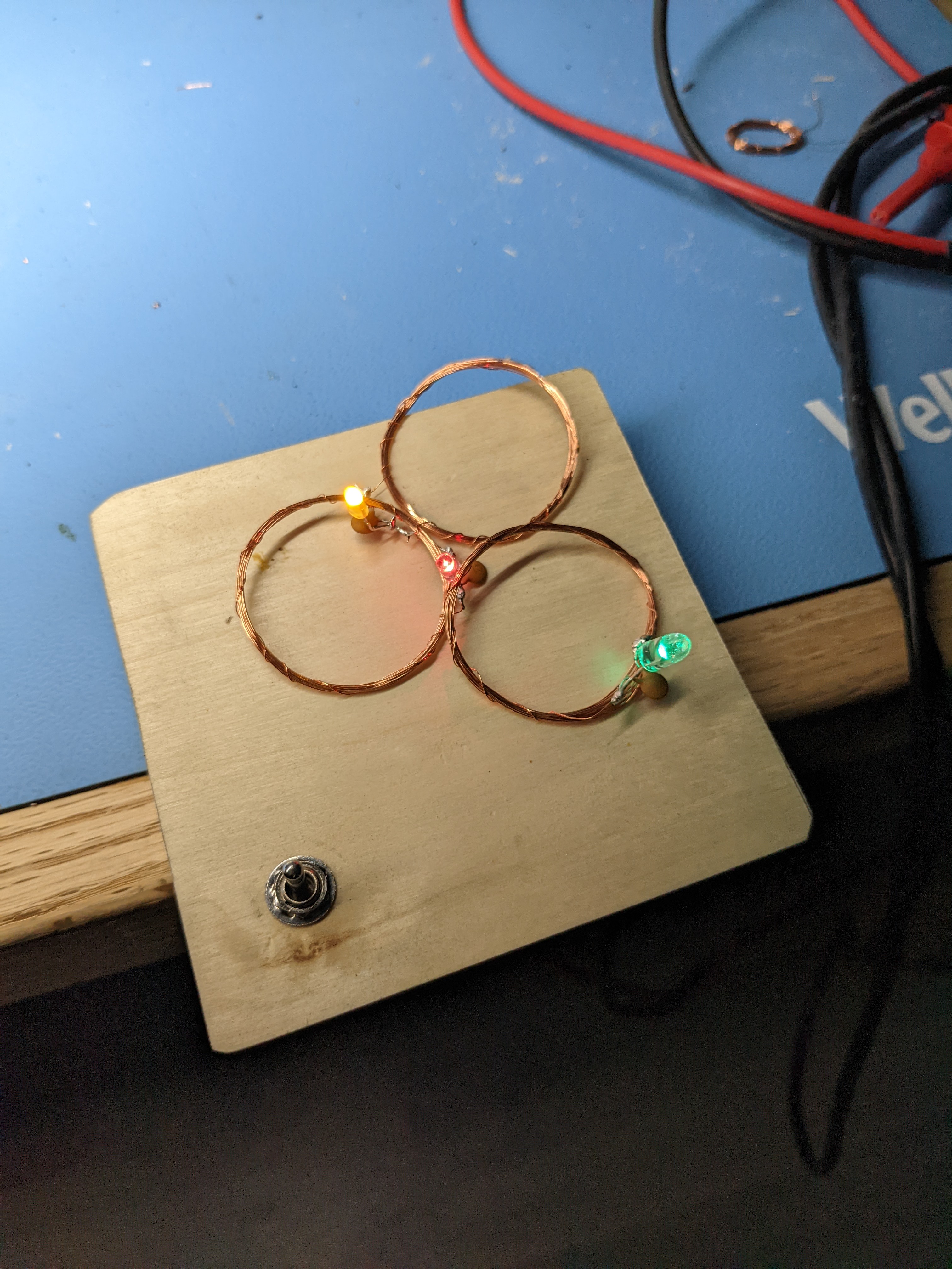 The circuit running off 5 volts driving a red, yellow and (blueish) green LED.