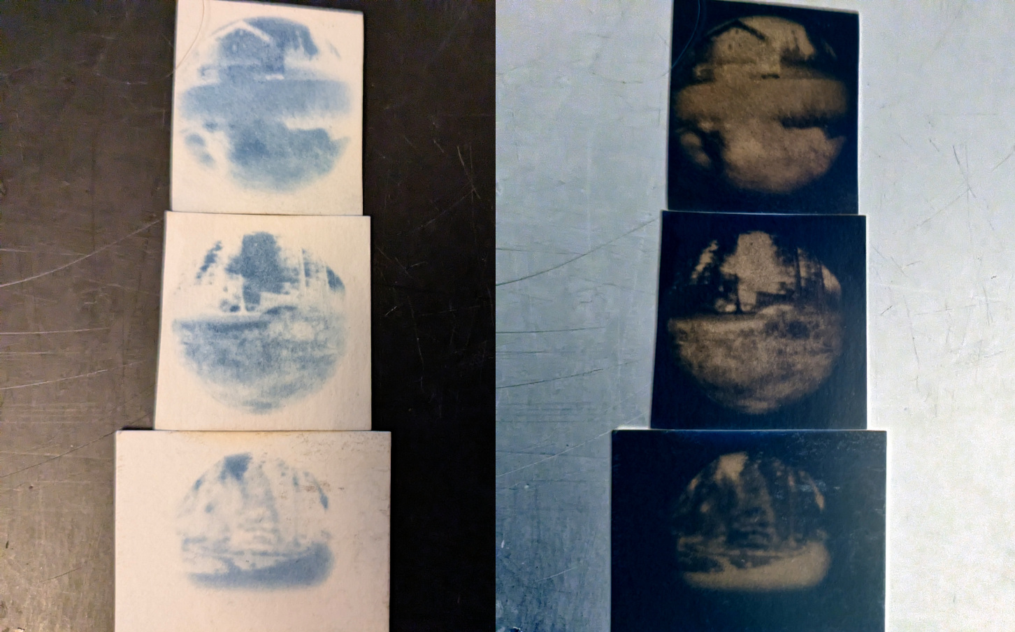 Small, round, low res photos of outdoor scenes